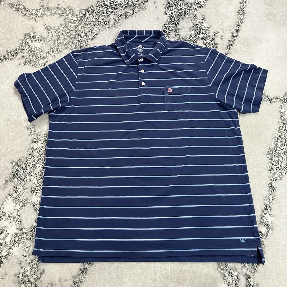 Peter Millar Summer Comfort Polo Shirt Men's XXL Navy Blue Stripe USA UK Flag